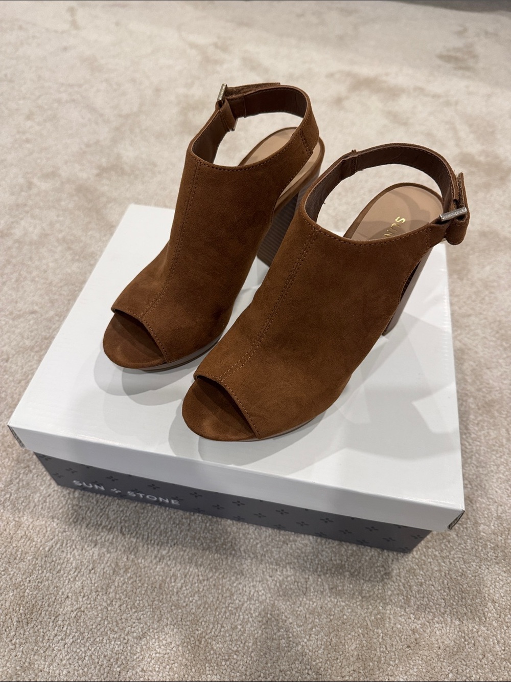 Sun + Stone Cognac Suede Open-Toe Block Heel Sandals